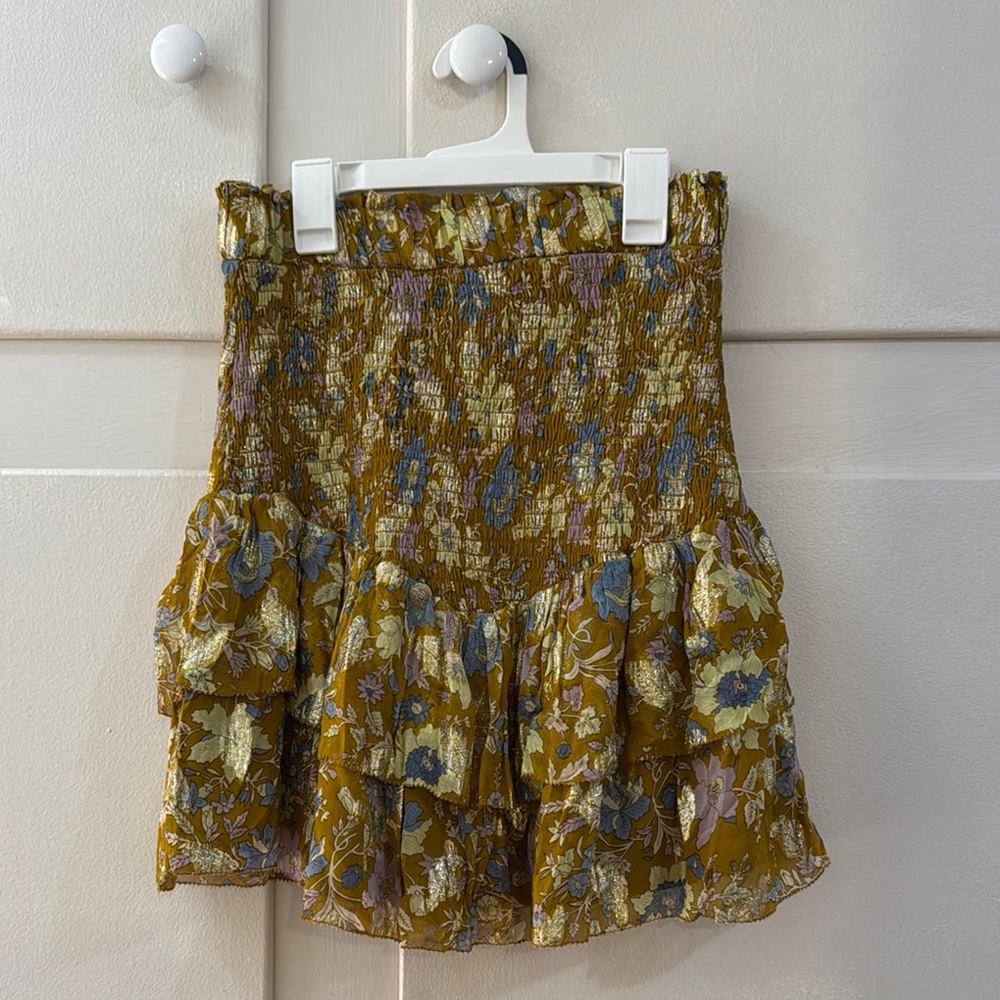Karina Grimaldi mustard Yellow floral Ruffle Mini Skirt Boho gold glitter artsy